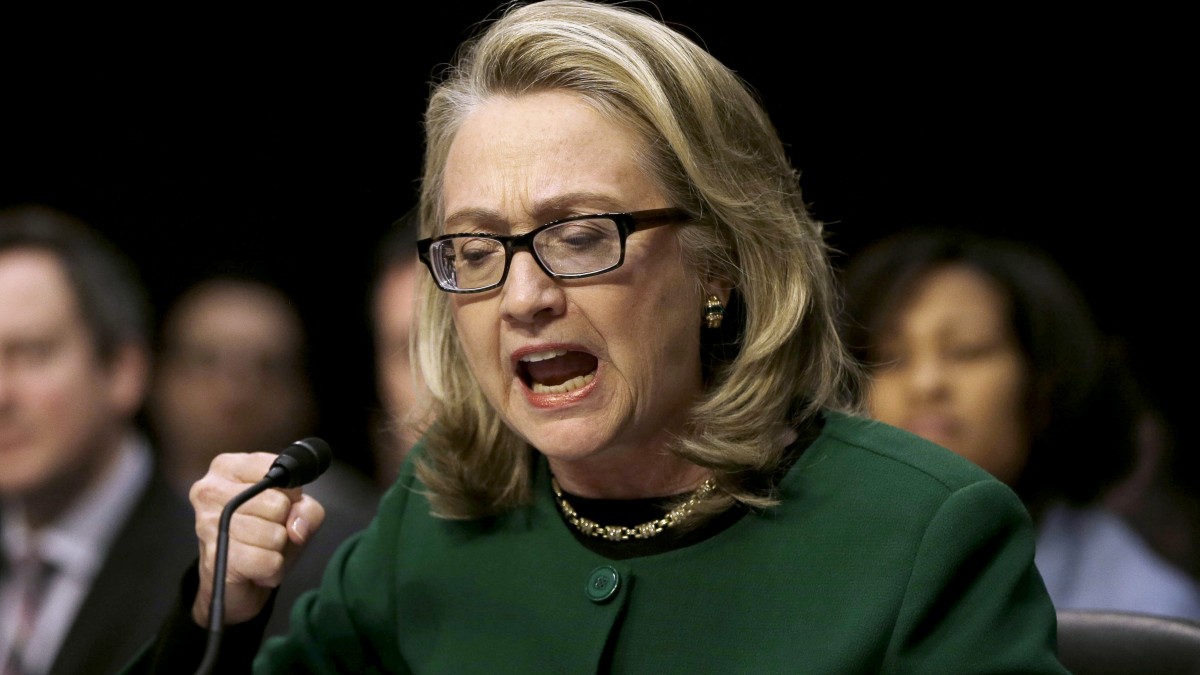 Secretary of State Hillary Rodham pounds her fist as she testifies on Capitol Hill in Washington, Wednesday, Jan. 23, 2013, before the Senate Foreign Relations Committee hearing on the deadly September attack on the U.S. diplomatic mission in Benghazi, Libya, that killed Ambassador Chris Stevens and three other Americans. (AP Photo/Pablo Martinez Monsivais)