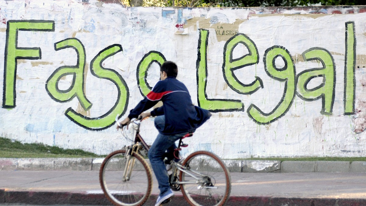 A young man rides a bicycle past a graffiti that reads in Spanish "Legal pot" in Montevideo, Uruguay, November 2012. (AP Photo/Matilde Campodonico)