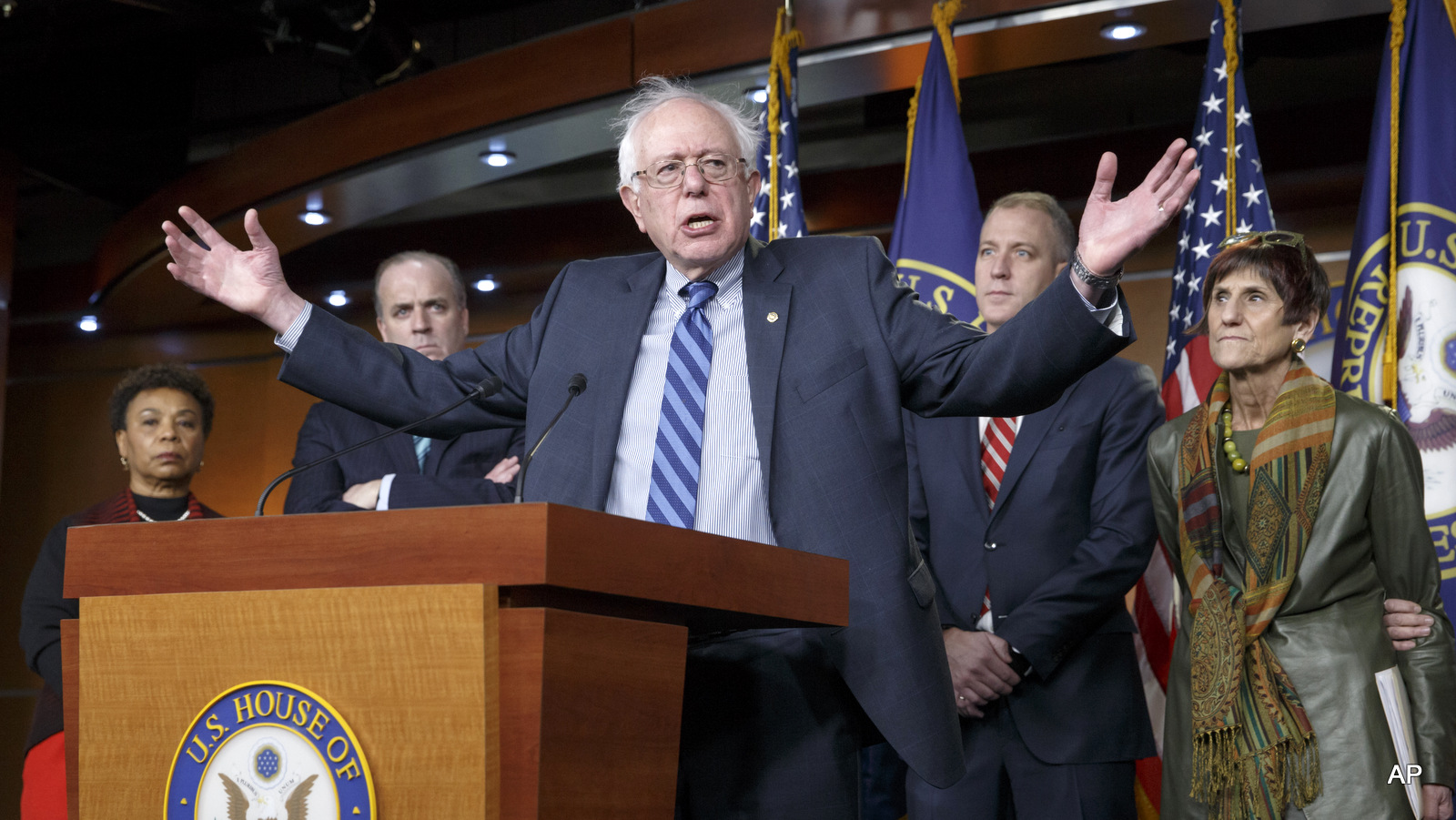 Sen. Bernie Sanders, I-Vt., joins House Democrats in stating their disagreement and disappointment with President Barack Obama's State of the Union request for fast track trade authority, Wednesday, Jan. 21, 2015, on Capitol Hill in Washington.