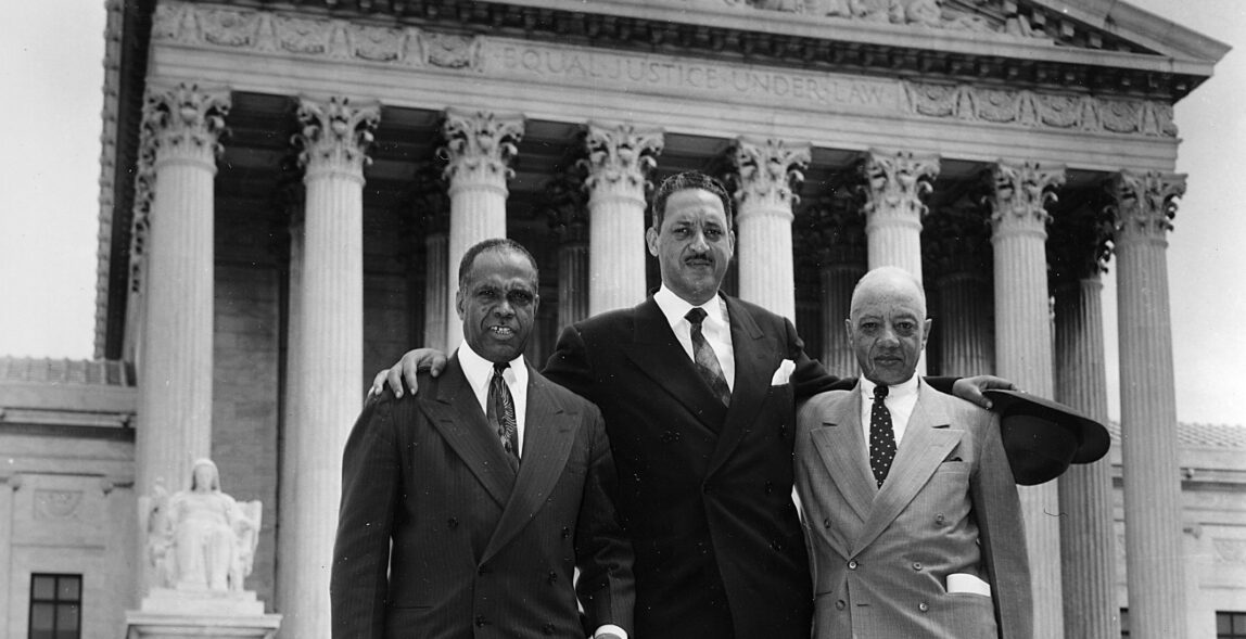 George E. C. Hayes, Thurgood Marshall, and James M. Nabrit congratulate each other on the Brown decision.