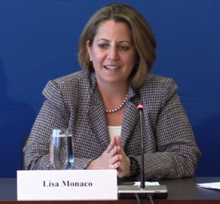 Screen shot of Lisa Monaco speaking at the Aspen Institute event.