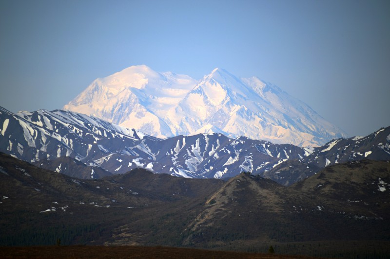 DENALI NATIONAL PARK, AK - MAY 14: A general view of Mt. McKinley (top center) on May 14, 2014 in Denali National Park, Alaska. According to the National Park service, the summit elevation of Mt. McKinley is 20,320 feet above sea level, making it the highest mountain peak in North America. (Photo by Lance King/Getty Images)