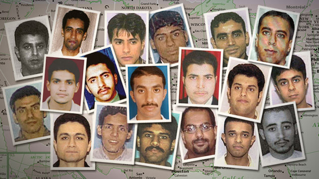 A photo montage of the 19 9/11 hijackers, 15 of which were Saudi citizens.
