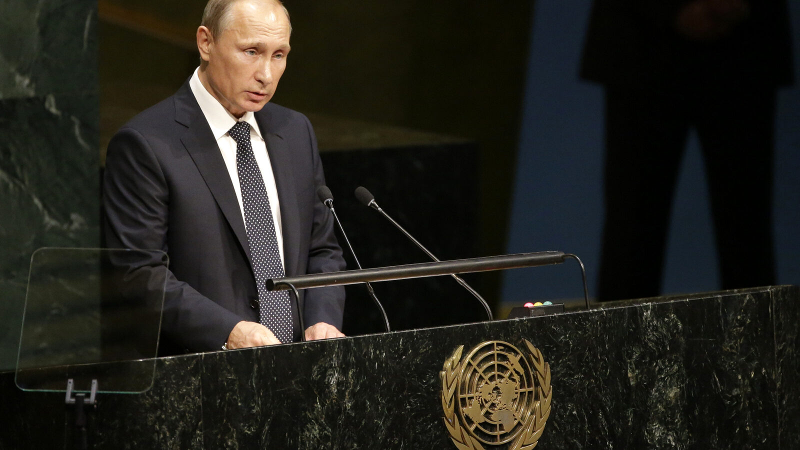 Russian President President Vladimir Putin addresses the 70th session of the United Nations General Assembly at U.N. headquarters, Monday, Sept. 28, 2015. (AP Photo/Mary Altaffer)