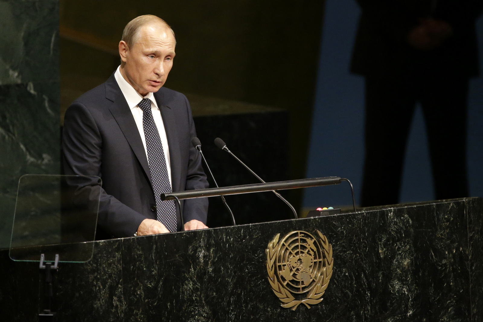 Russian President President Vladimir Putin addresses the 70th session of the United Nations General Assembly at U.N. headquarters, Monday, Sept. 28, 2015. (AP Photo/Mary Altaffer)