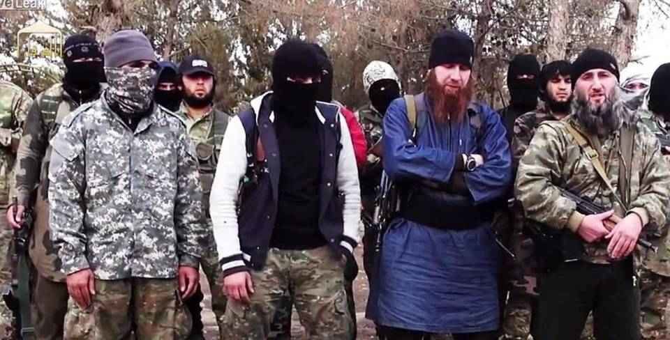 Abu Omar al Shishani, whose real name is Tarkhan Batirashvili, appears with other Russian-speaking Islamic State fighters in an Islamic State video, from which this image was captured. Ethnic Chechens, who have fought two wars in a failed effort to achieve independence from Russia, are among the largest groups of Islamic State foreign fighters. Screenshot from ISIS Video