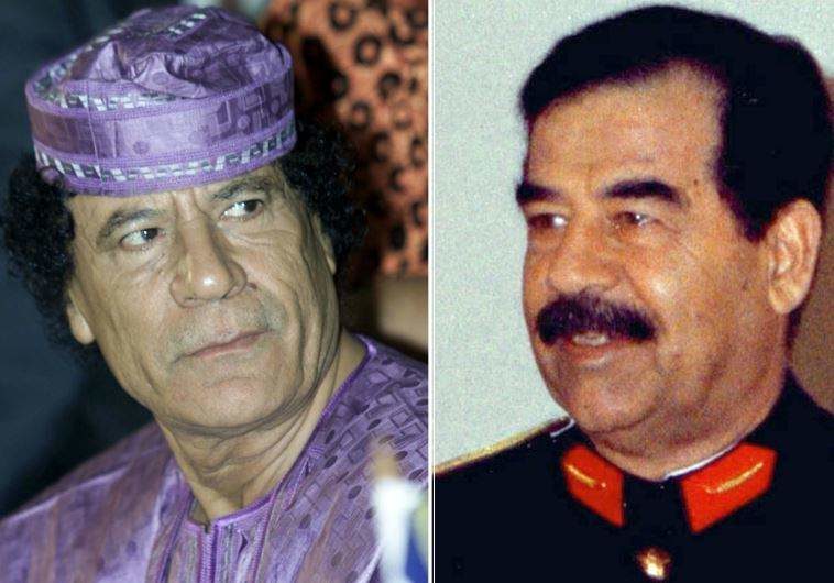 Deposed dictators Muammar Gaddafi of Libya (L) and Saddam Hussein of Iraq. (photo credit:REUTERS)