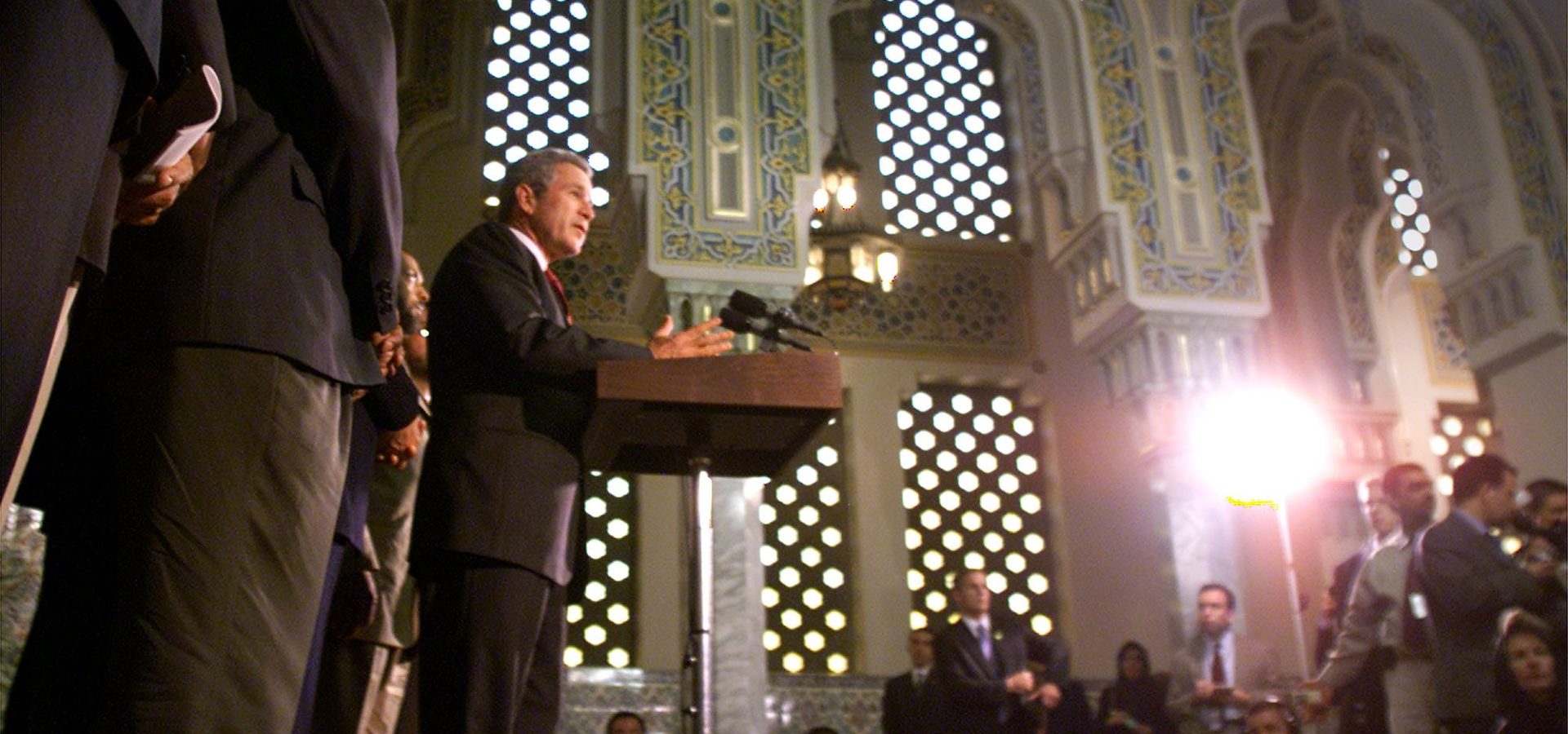 President Bush speaks to the press during his visit to the Mosque at the Islamic Center in Washington, D.C., on Monday, September 17, 2001. (Photo: Chuck Kennedy)