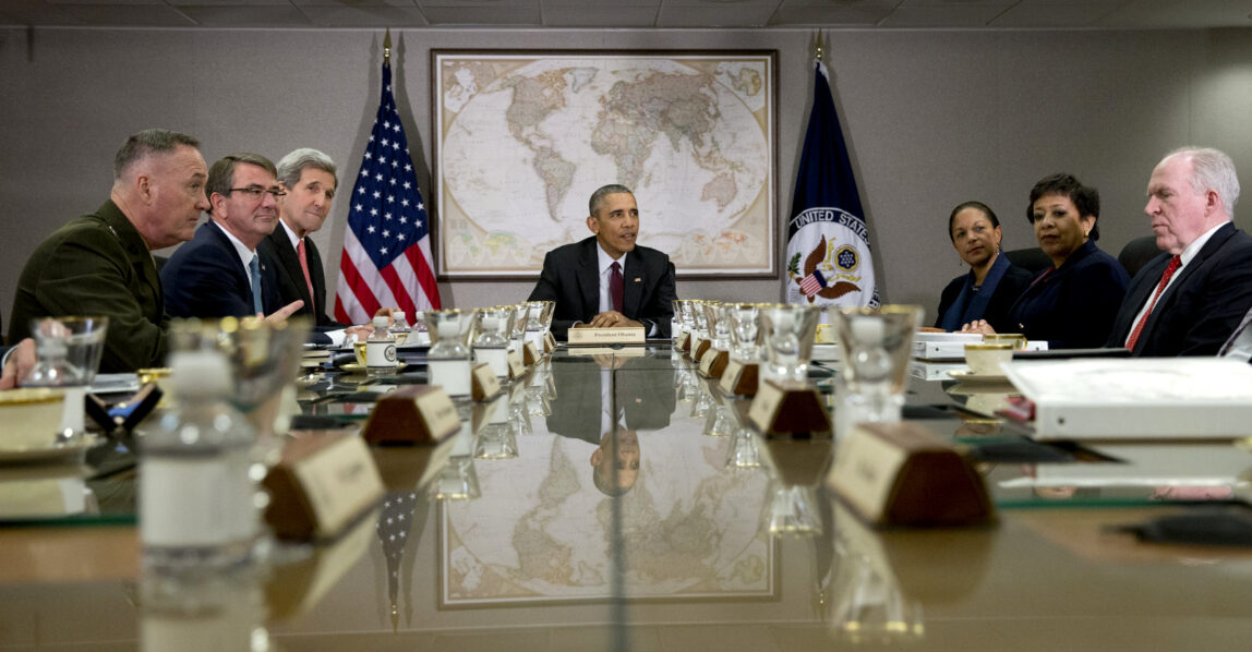 President Barack Obama hosts meeting of his National Security Council (NSC) at the State Department in Washington, Thursday, Feb. 25, 2016. (AP Photo/Carolyn Kaster)