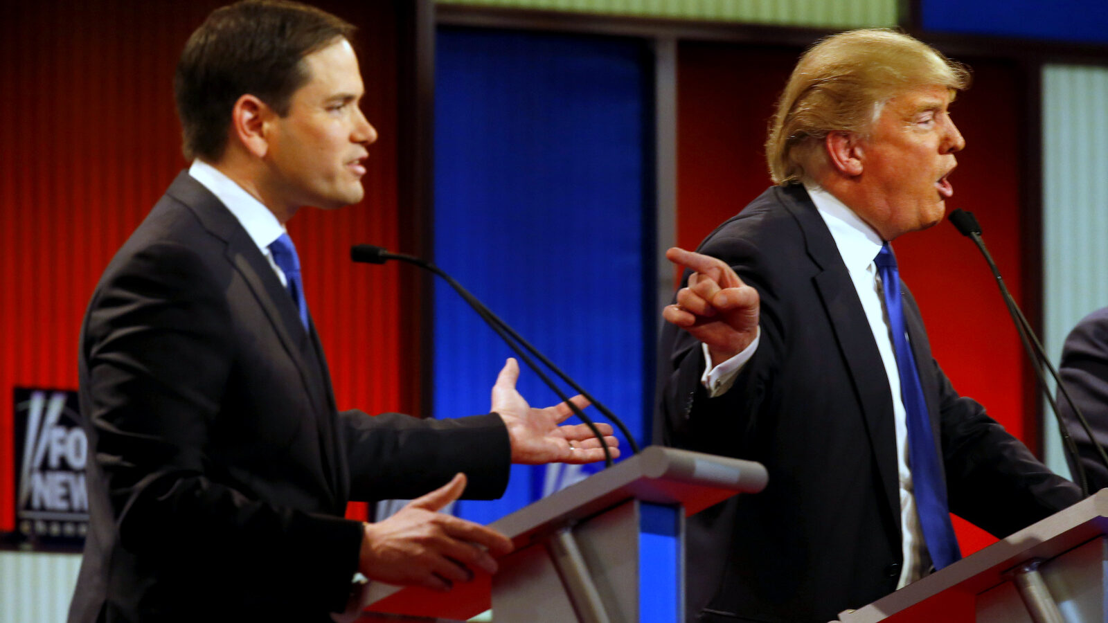 Republican presidential candidates, Sen. Marco Rubio, R-Fla., and businessman Donald Trump argue during a Republican presidential primary debate at Fox Theatre, Thursday, March 3, 2016, in Detroit. (AP Photo/Paul Sancya)