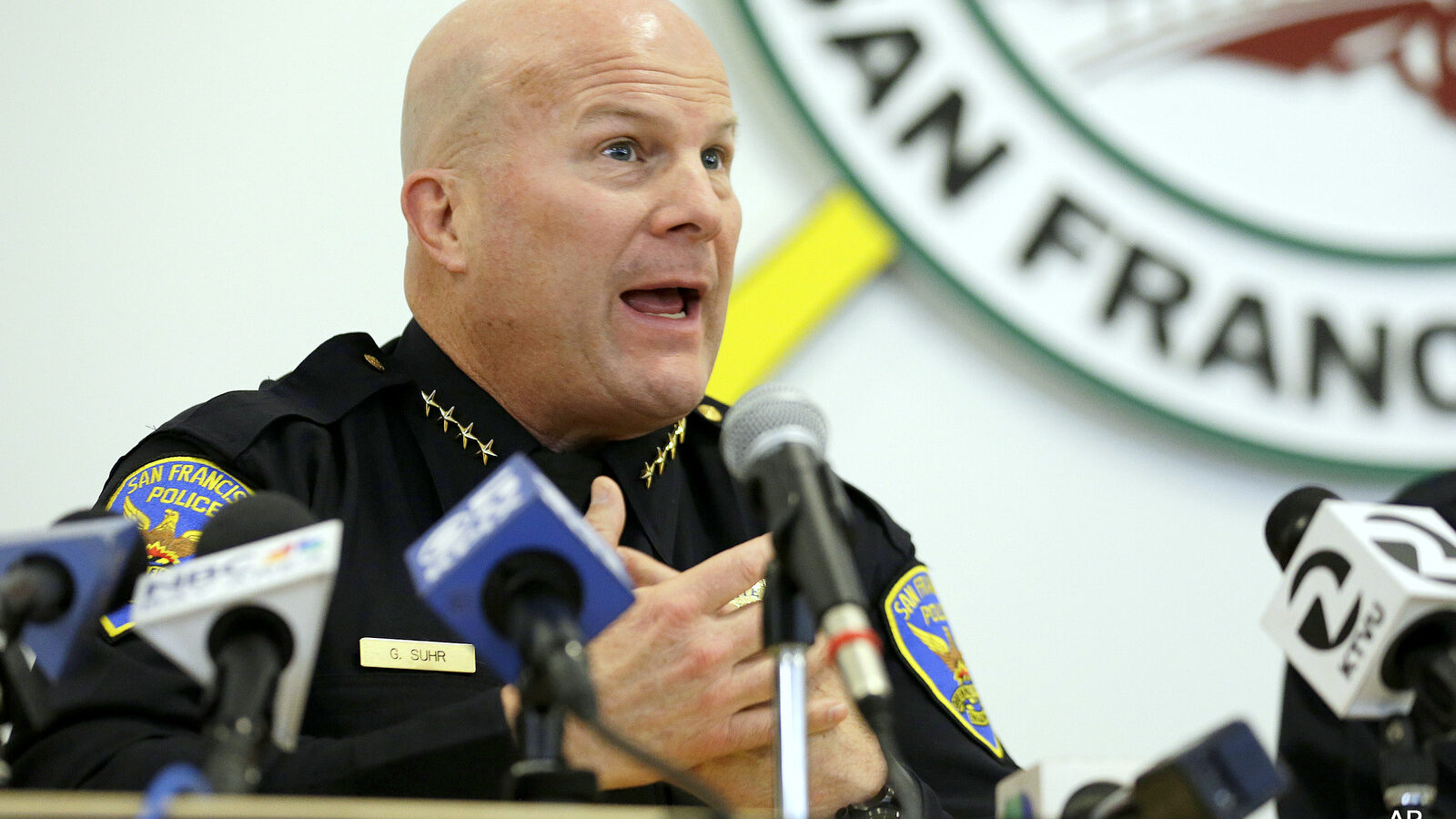 San Francisco police Chief Greg Suhr speaks during a town hall meeting