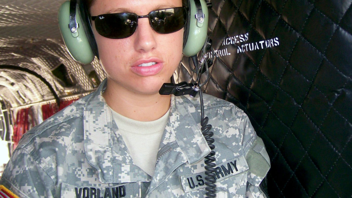Emily Vorland on board a CH-47 helicopter at Fort Hood. Emily Vorland on board a CH-47 helicopter. The ex-army lieutenant appealed against her discharge for conduct unbecoming after reporting sexual harassment by a superior but was rejected. Photograph: Human Rights Watch