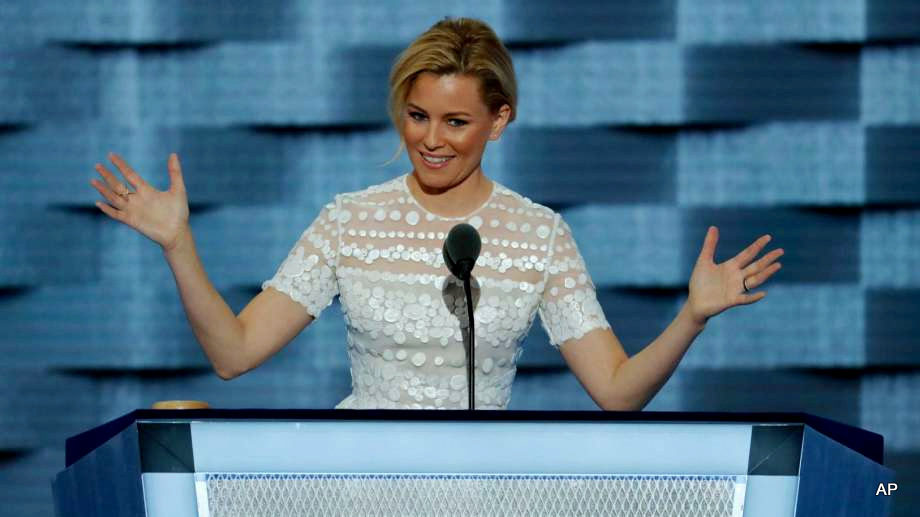 Actress Elizabeth Banks speaks during the second day of the Democratic National Convention in Philadelphia , Tuesday, July 26, 2016.