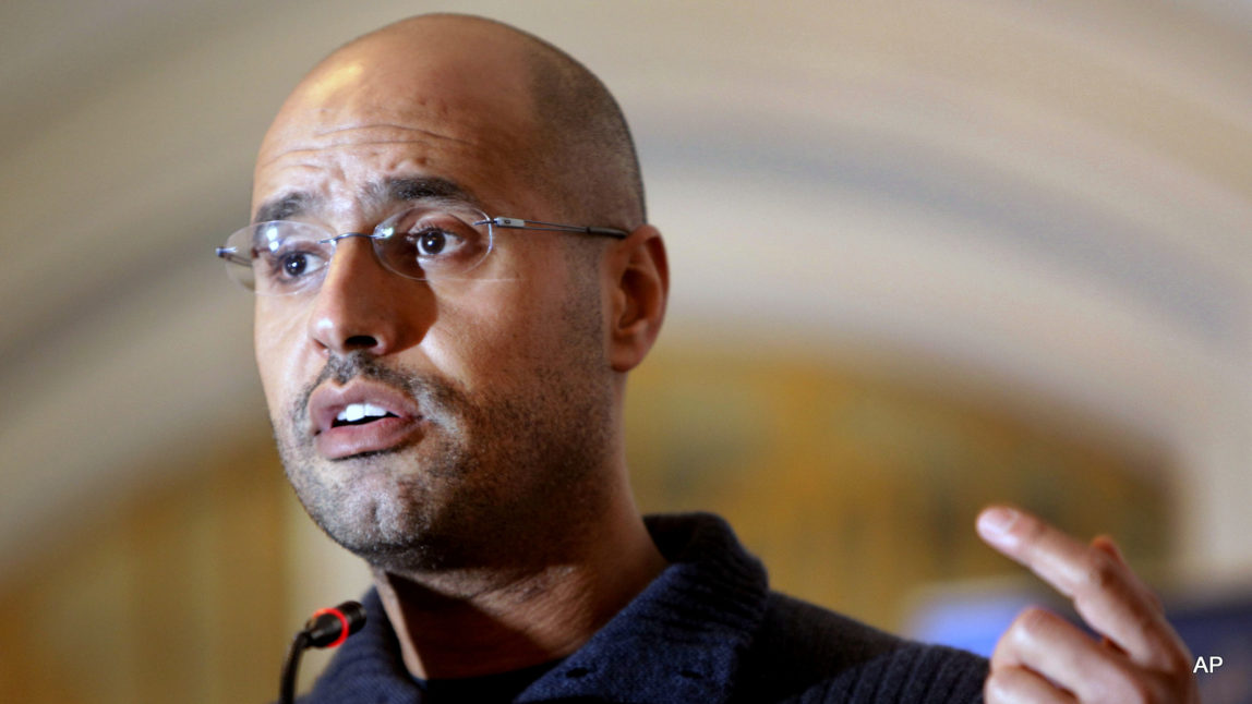 Seif al-Islam Gadhafi, son of Libyan leader Moammar Gadhafi, speaks to the media at a press conference in a hotel in Tripoli, Libya.