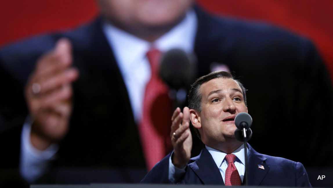 Sen. Ted Cruz, R-Tex., addresses the delegates during the third day session of the Republican National Convention in Cleveland, Wednesday, July 20, 2016.