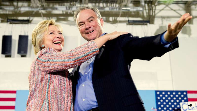 Democratic presidential candidate Hillary Clinton, accompanied by Sen. Tim Kaine, D-Va., speaks at a rally at Northern Virginia Community College in Annandale, Va., Thursday, July 14, 2016. Kaine has been rumored to be one of Clinton's possible vice president choices.