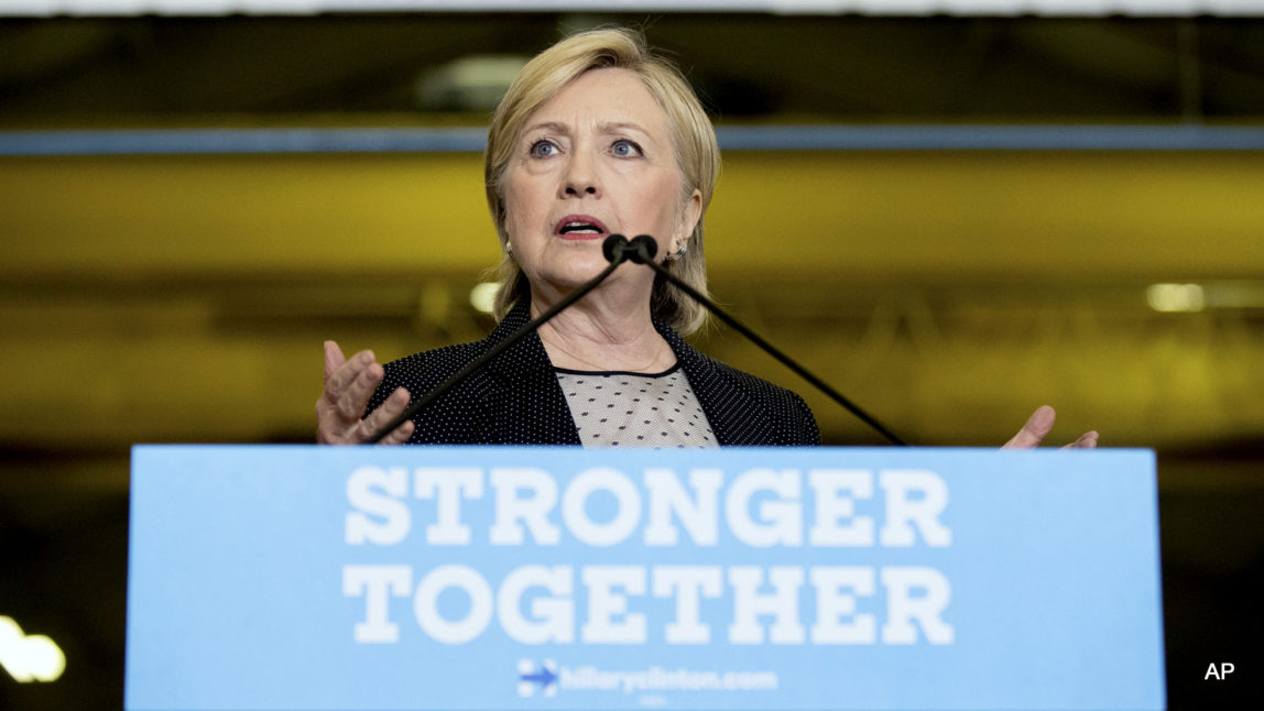 Democratic presidential candidate Hillary Clinton gives a speech on the economy after touring Futuramic Tool & Engineering, in Warren, Mich., Thursday, Aug. 11, 2016.