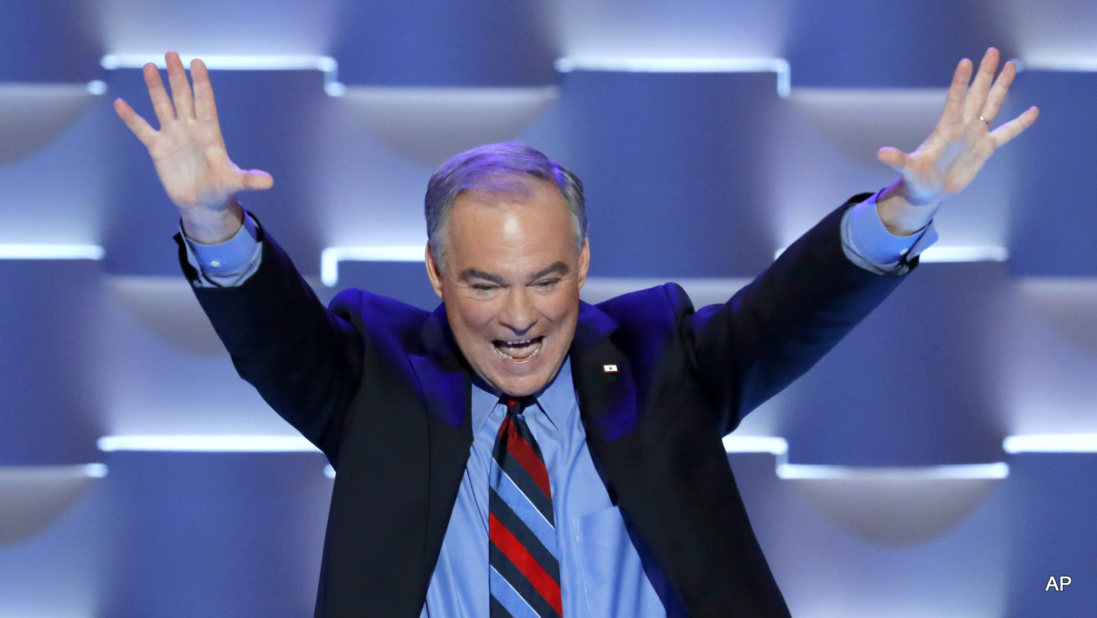 Democratic vice presidential candidate, Sen. Tim Kaine, D-Va., waves to the crowd after speaking during the third day of the Democratic National Convention in Philadelphia , Wednesday, July 27, 2016. 