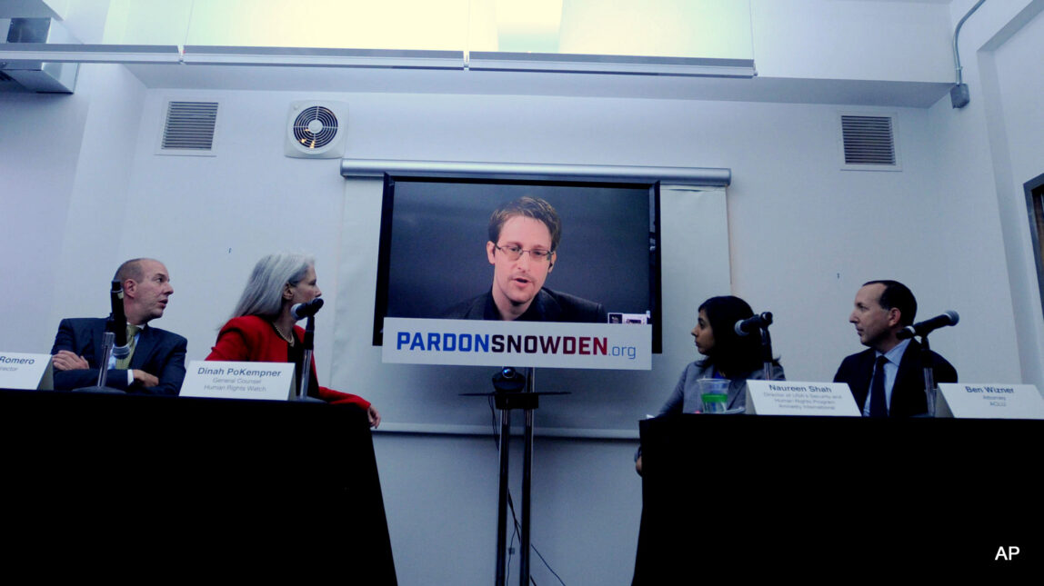 Edward Snowden speaks at the launch of a campaign calling on President Obama to pardon him.
