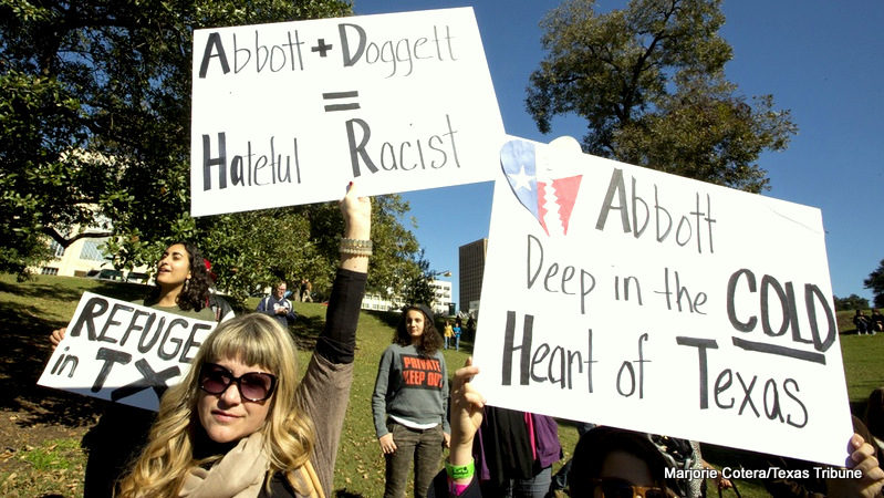Rally at Wooldridge Park in Austin to protest Gov. Abbott's decision on Syrian refugees on Nov. 22, 2015