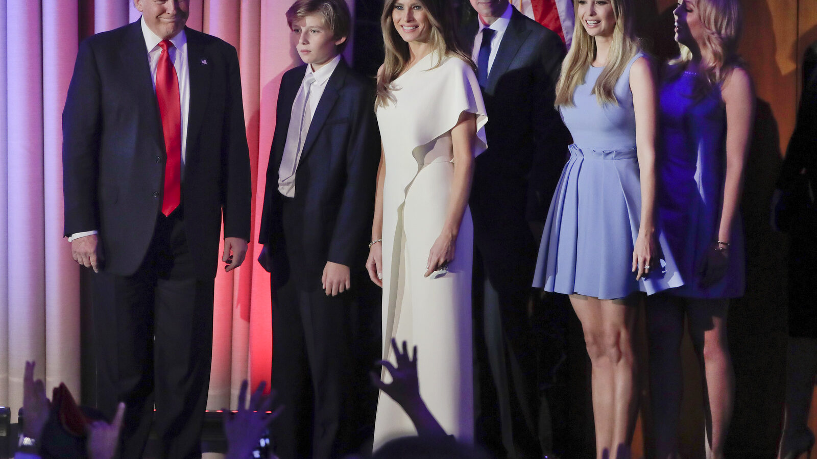 President elect Donald Trump, left, arrives with his family to give his acceptance speech at an election night rally, Wednesday, Nov. 9, 2016, in New York. (AP Photo/Julie Jacobson)