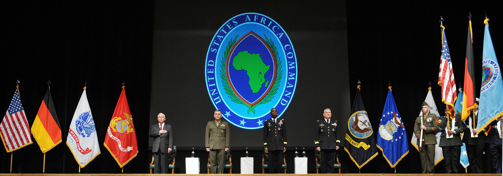 U.S. Defense Secretary Robert Gates, Vice Chairman of the Joint Chiefs of Staff Gen. James Cartwright, outgoing Africa Command commander Gen. William Ward, and the new Africa Command commander Gen. Carter Ham, center from left, take part in the AFRICOM change of command ceremony at the City Hall in Sindelfingen near Stuttgart, Germany, Wednesday, March 9, 2011. (AP/Mandel Ngan)