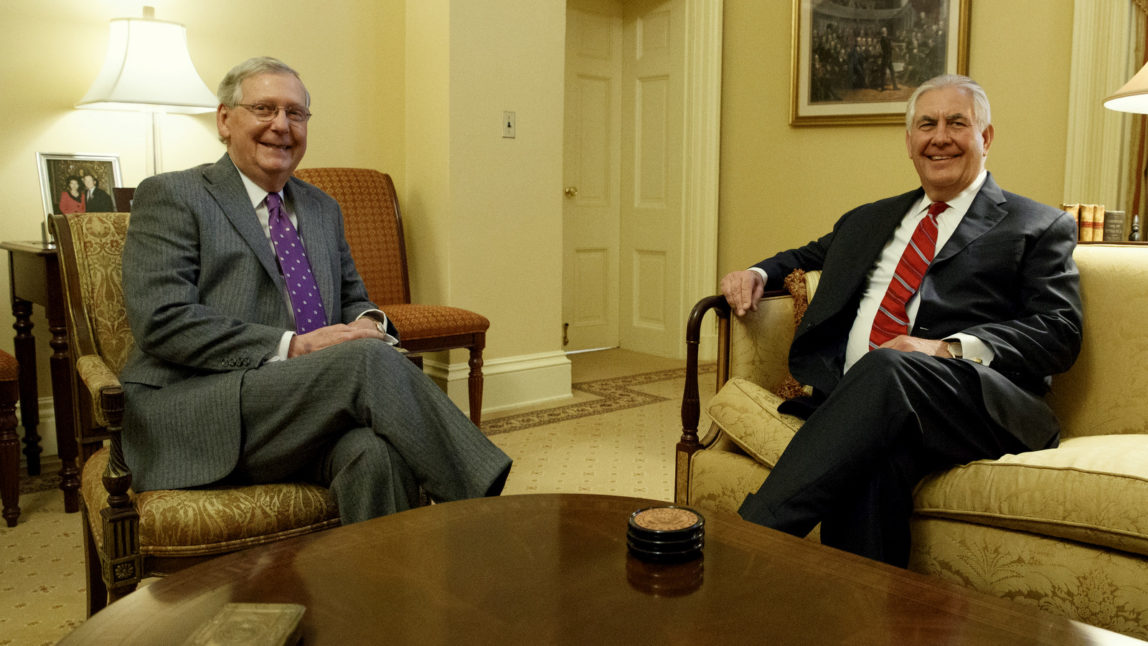 Senate Majority Leader Mitch McConnell, R-Ky., left, meets with Secretary of State-designate Rex Tillerson on Capitol Hill in Washington, Wednesday, Jan. 4, 2017. (AP/Evan Vucci)
