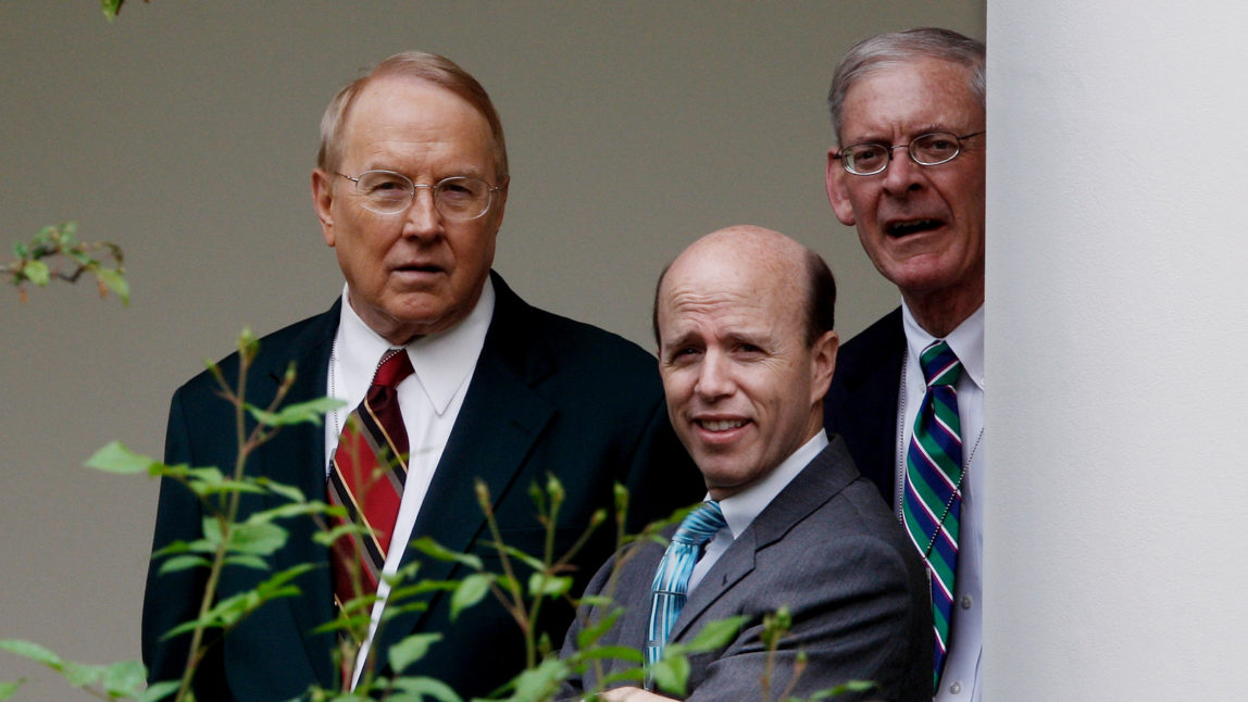 Focus on the Family Founder and Chairman James Dobson, left, and others, watches near the Oval Office of the White House in Washington, Friday, May 2,2008, as President Bush leaves the White Hous. (AP/Ron Edmonds)