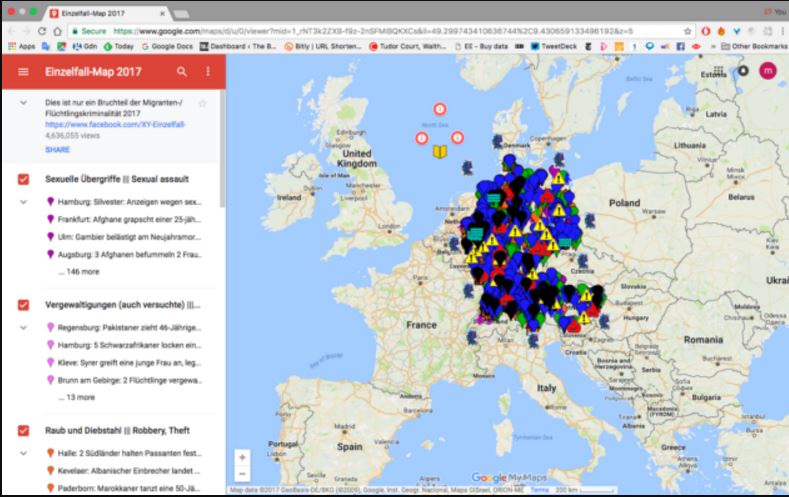 The XYE map purports to show locations of crimes committed in Germany by migrants.