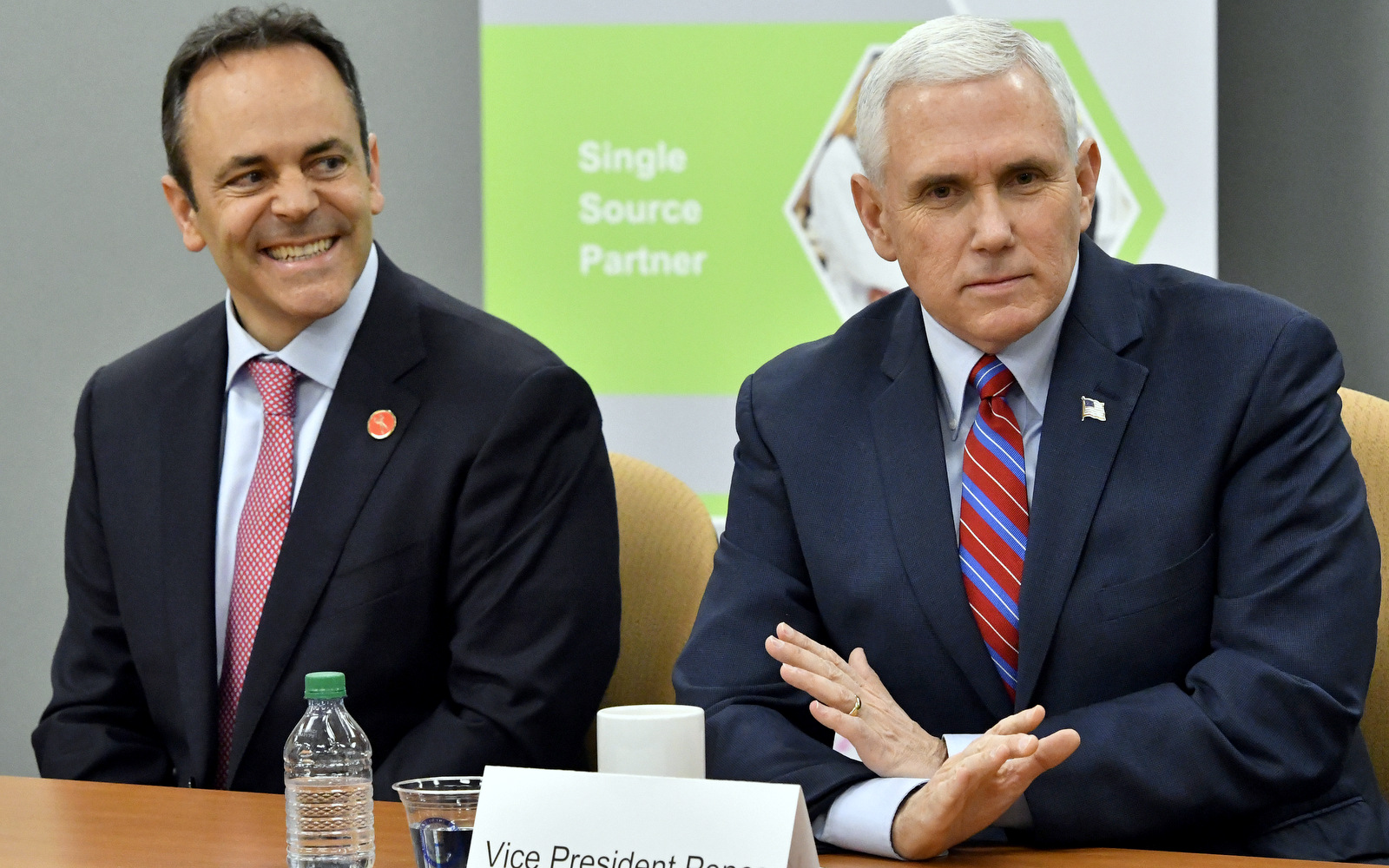 Vice President Mike Pence, right, and Kentucky Gov. Matt Bevin address a group of business owners to gather support for the repeal and replacement of the Affordable Care Ac, March. 11, 2017, in Louisville, Ky. (AP/Timothy D. Easley)