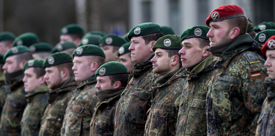 German soldiers take part in a NATO welcome ceremony at the Rukla military base in Vilnius, Lithuania, Feb. 7, 2017. T (AP/Mindaugas Kulbis)