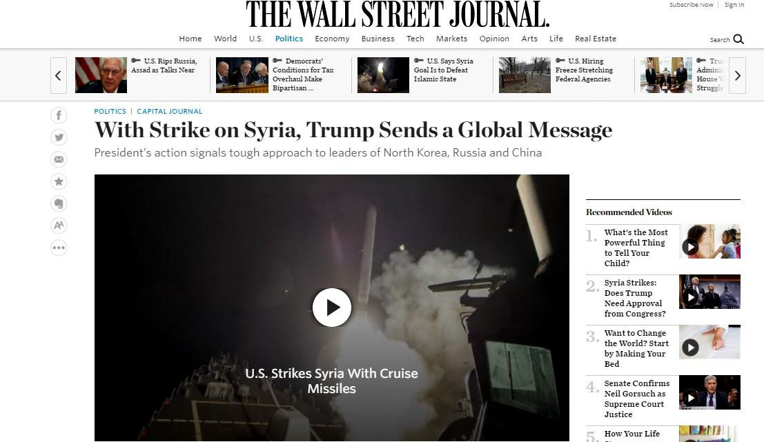 The Washington times editorial: With Strike on Syria, Trump Sends a Global Message. (Screenshot)