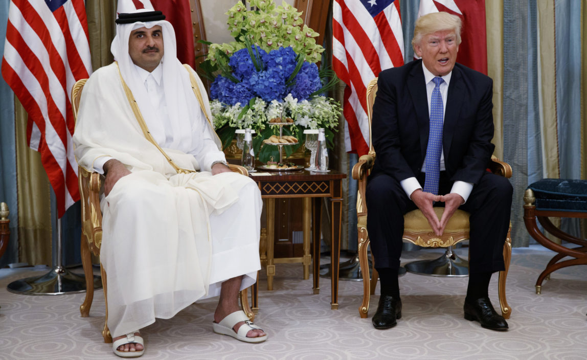 President Donald Trump, right, holds a meeting with Qatar's Emir Sheikh Tamim Bin Hamad Al-Thani, in Riyadh, Saudi Arabia, May 21, 2017. (AP/Evan Vucci)