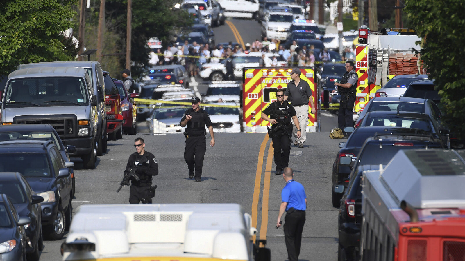 Emergency personnel respond after reports of shots fired Wednesday June 14, 2017 in Alexandria, Va. (Matt McClain/The Washington Post)