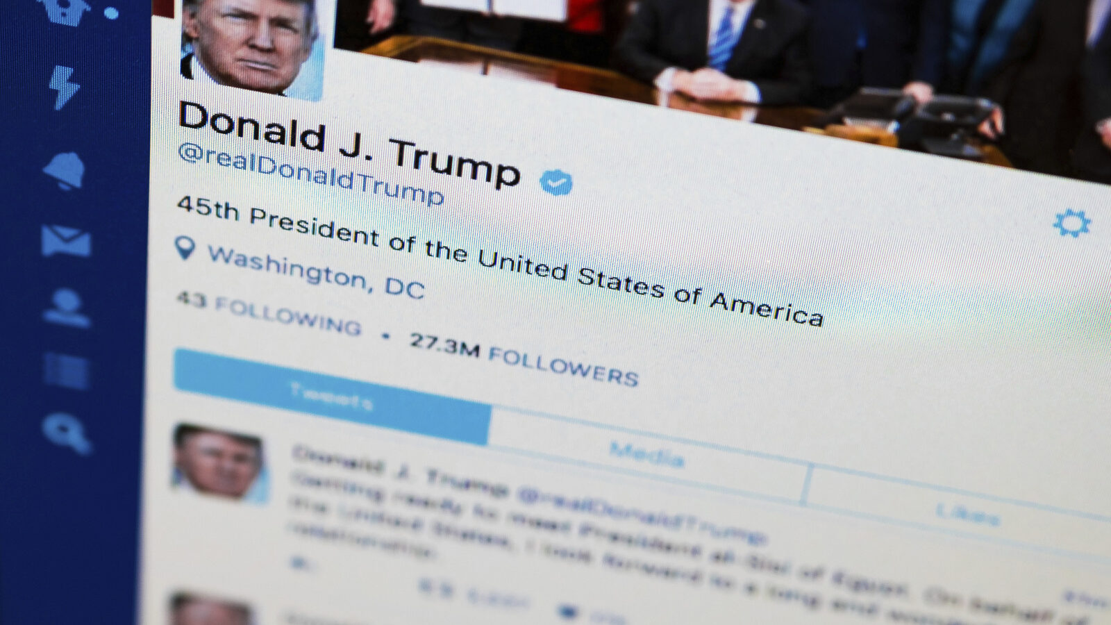 President Donald Trump's Twitter feed. Twitter users say Trump is violating the First Amendment by blocking people from his feed after they posted scornful comments. (AP/J. David Ake)