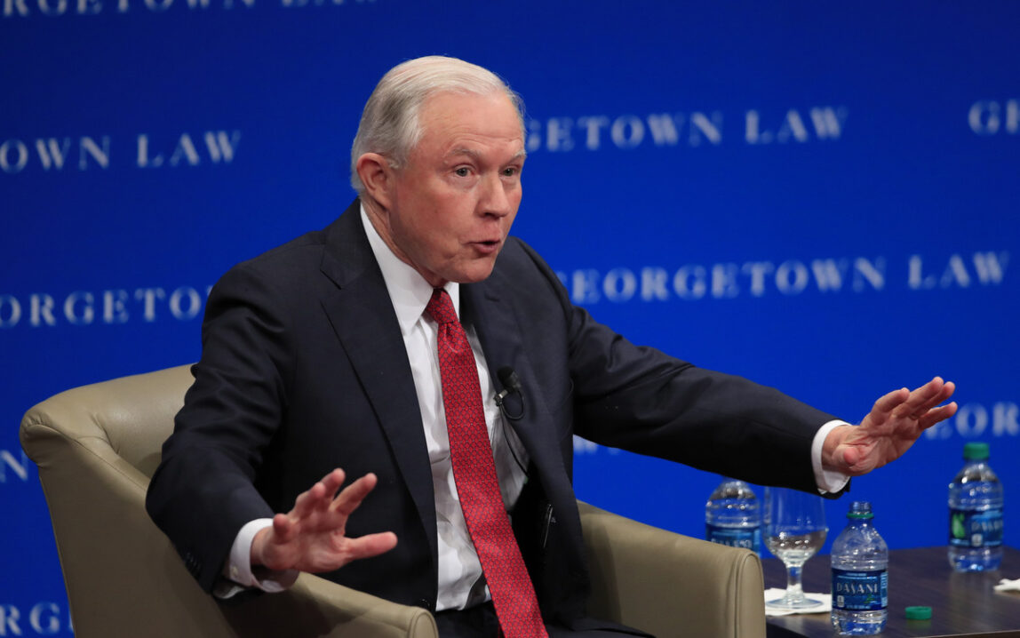 Attorney General Jeff Sessions speaks about free speech at the Georgetown University Law Center in Washington, Tuesday, Sept. 26, 2017. Sessions says the U.S. Justice Department will intervene on behalf of people who sue colleges claiming their free speech rights were violated.(AP Photo/Manuel Balce Ceneta)