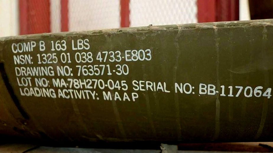 Markings on a remnant of a CBU-58 cluster bomb found near al-Zira`a Street in Sanaa on January 6, 2016 indicating that it was manufactured in 1978 at the Milan Army Ammunition Plant in the US state of Tennessee.