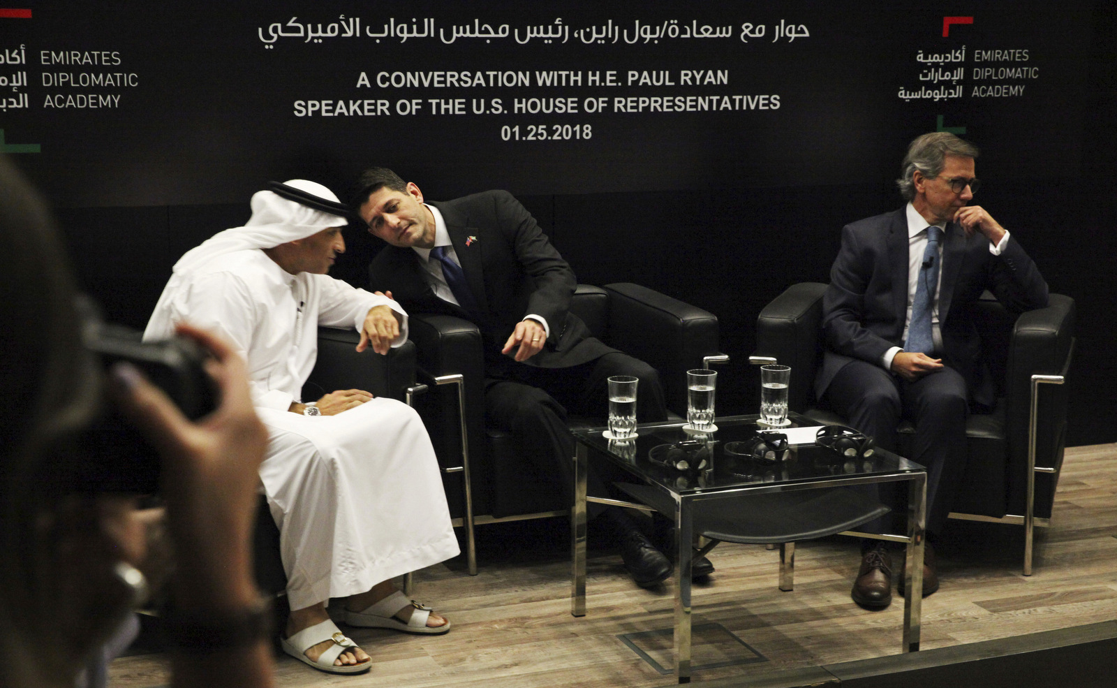 U.S. Speaker of the House Paul Ryan, R-Wis., center, speaks with Emirati Ambassador to the U.S. Yousef al-Otaiba, during a Jan. 25, 2018 meeting in Abu Dhabi, United Arab Emirates, to discuss ways to challenge Iran's growing influence. (AP/Jon Gambrell)