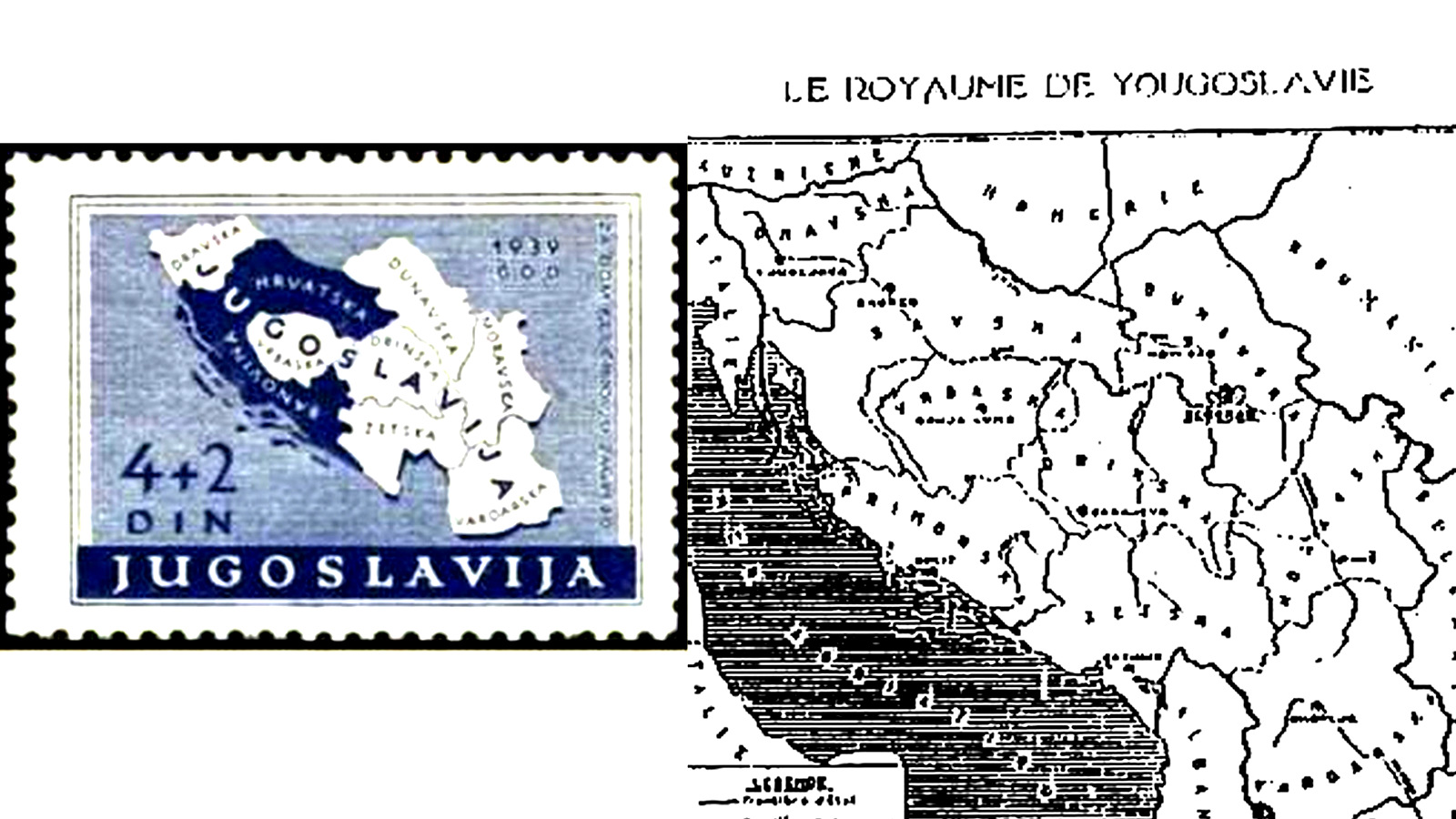 A Yugoslav stamp circa 1939 showing ancient Paionia labeled 'Vardarska'. A map depicting Yugoslavia circa 1937 is pictured on the right.