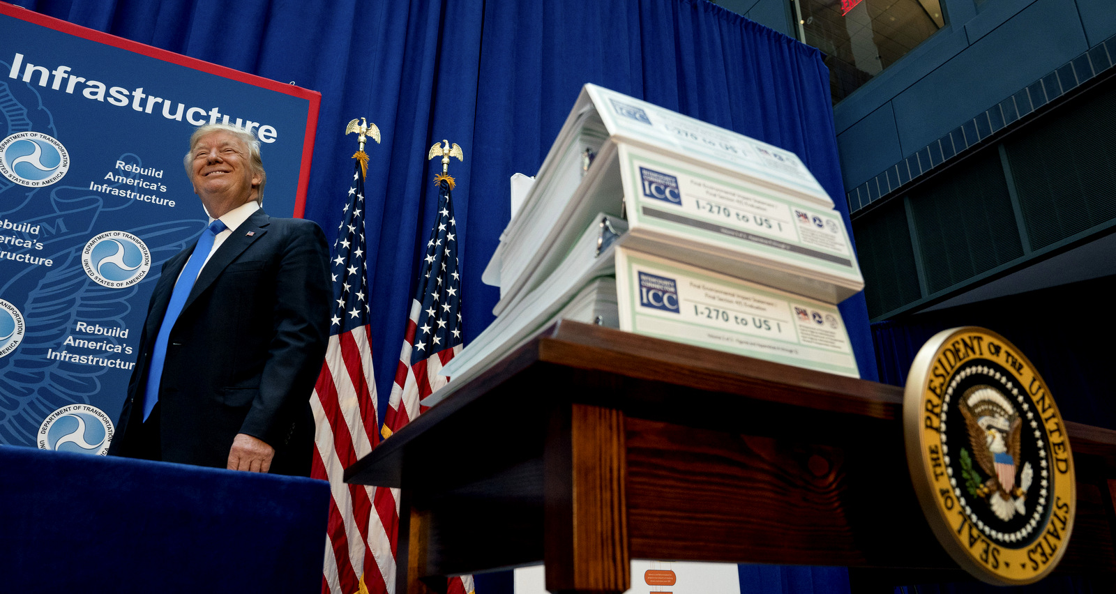 President Donald Trump arrives to speak about infrastructure at the Department of Transportation, Friday, June 9, 2017, in Washington. (AP/Andrew Harnik)
