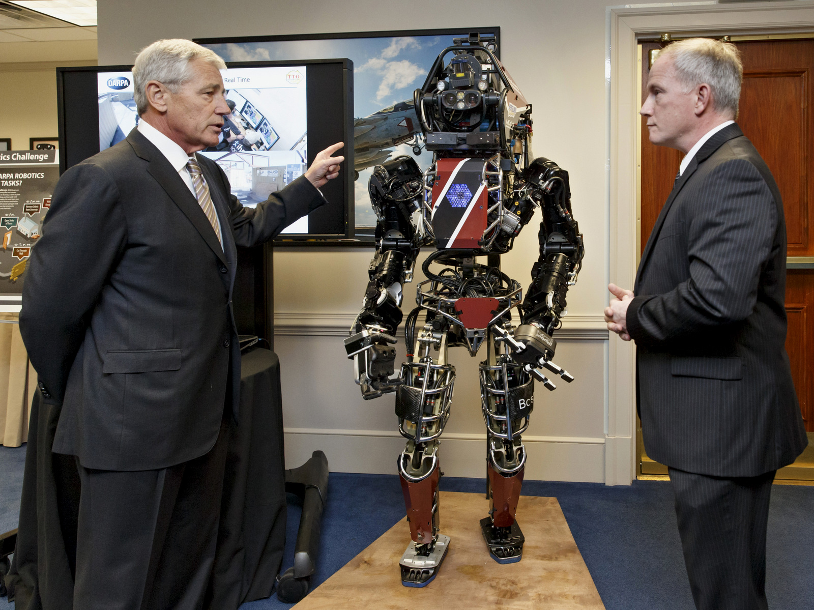 Then Defense Secretary Chuck Hagel inspects the latest high-tech projects being by the Defense Advanced Research Projects Agency, DARPA, April 22, 2014, at the Pentagon. (AP/J. Scott Applewhite)