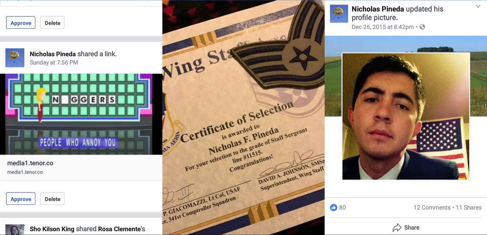 Screenshots from left to right, Staff Sergeant Nicholas Pineda's racist post on BLM Los Angeles' Facebook group, a photo of his Air Force staff sergeant cert., and a photo of Pineda from his Facebook profile.