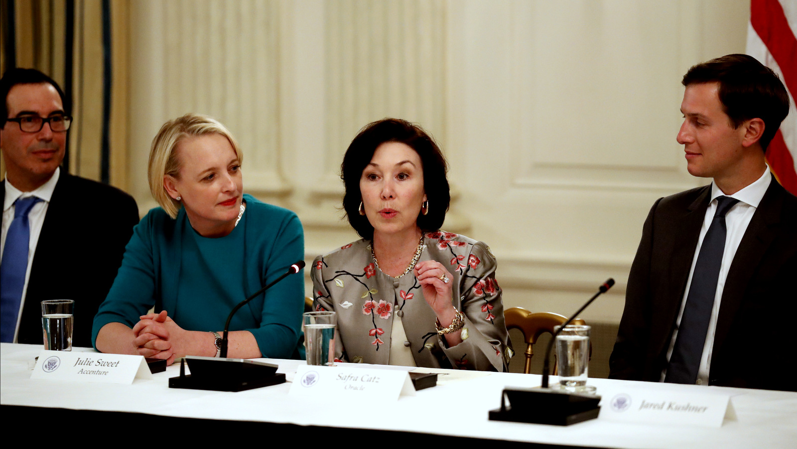 Safra Catz, Co-Chief Executive of Oracle speaks, with Jared Kushner, White House Senior Adviser, at right, in the State Dinning Room of the White House, June 19, 2017, in Washington. (AP/Alex Brandon)