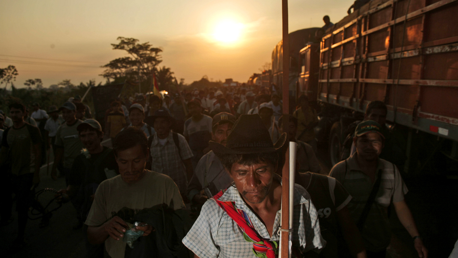 Tens of thousands of supporters of Bolivia's President Evo Morales marched towards the opposition stronghold of Santa Cruz de la Sierra, to demand the imprisonment of Pando's province Gov. Leopoldo Fernandez following the massacre of 13 Morales supporters in Pando on Sept. 11, 2008. (AP/Dado Galdieri)