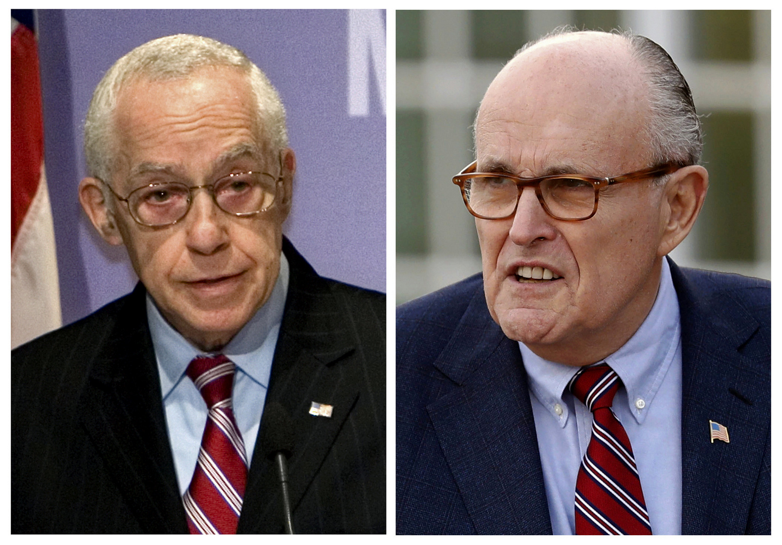 Then Attorney General Michael Mukasey, left, speaks at the U.S. Holocaust Memorial Museum in Washington on Dec. 16, 2008 and former New York Mayor Rudy Giuliani arrives for meetings with President-elect Donald Trump on Nov. 20, 2016, in Bedminster, N.J. (AP/J. Scott Applewhite, left, and Carolyn Kaster)
