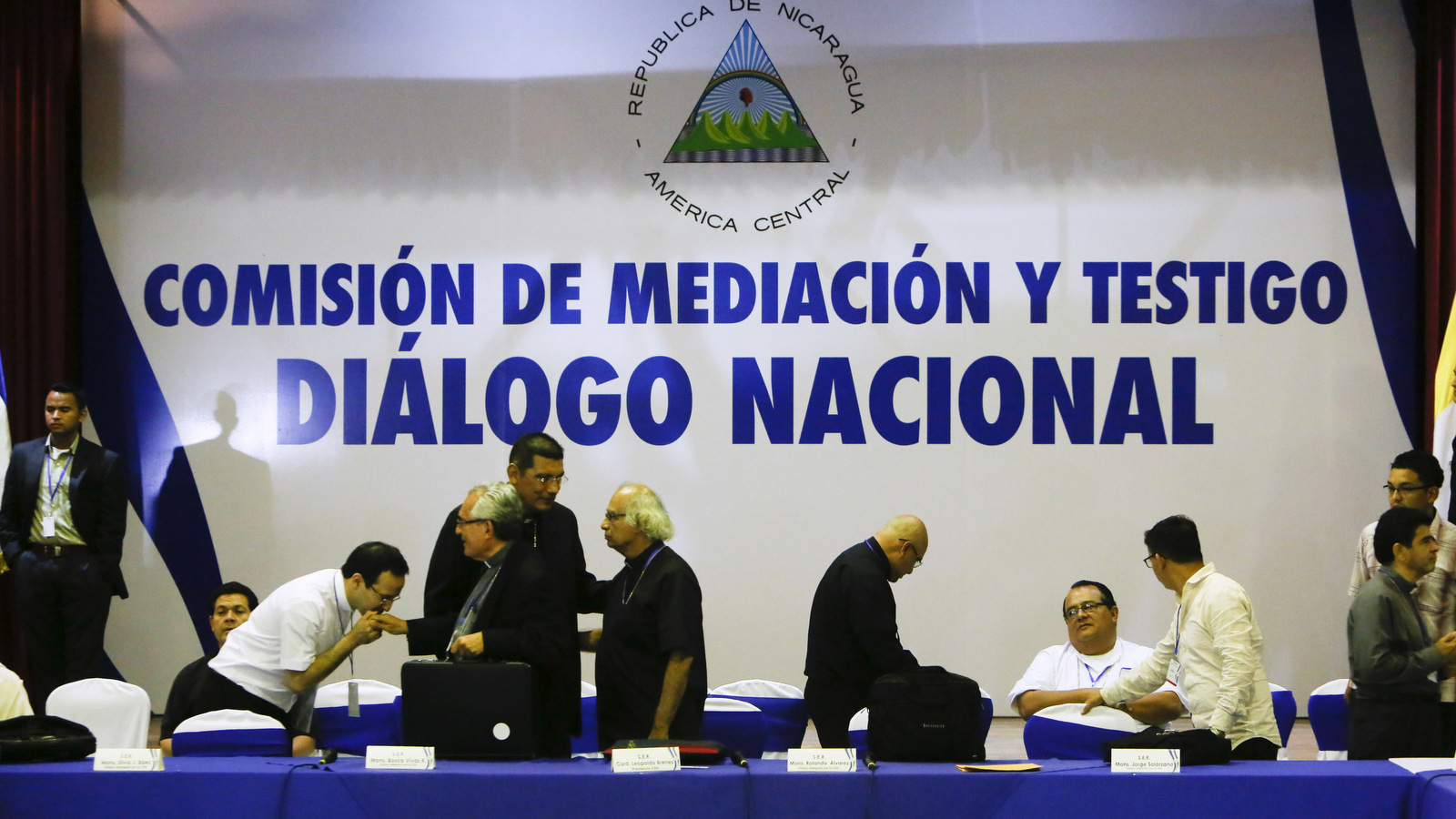 Representatives of the Catholic Church on the third day of the national dialogue in Managua, Nicaragua, May 21, 2018. The government of Nicaraguan President Daniel Ortega violated human rights through the excessive use of force against street demonstrations, according to the preliminary observations of investigators from the Inter-American Commission on Human Rights. (AP Photo/Alfredo Zuniga)