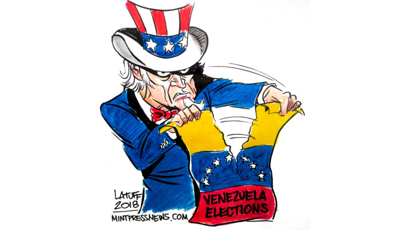 The United States rips up Venezuela's election results. A Carlos Latuff original editorial cartoon for MintPress News.
