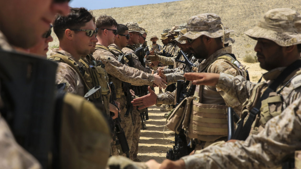 U.S. Marines exchange handshakes with Saudi Arabia's Naval Special Forces after a joint training exercise in the Middle East, May 18, 2017. Kyle McNan | US Marine Corp