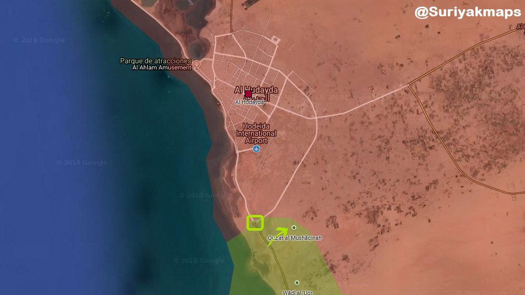 Areas under Houthi control are shown in red, Saudi-coalition forces in yellow.