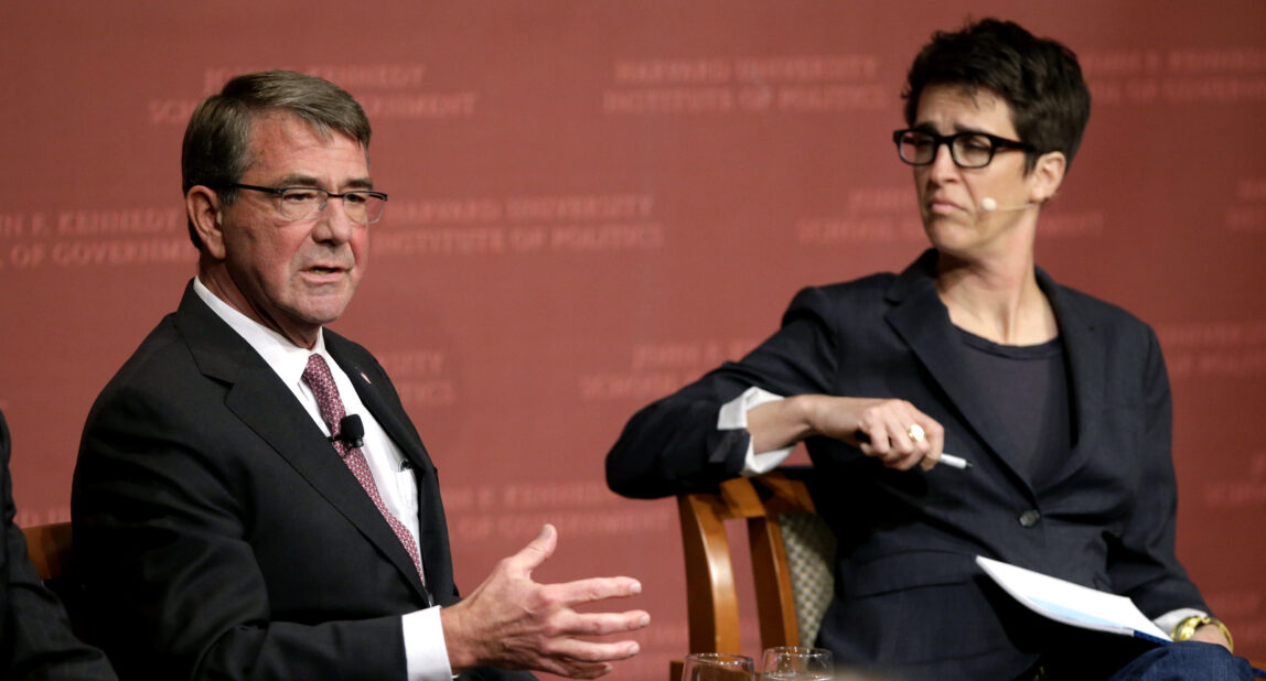 Former U.S. secretary of defense Ash Carter, and MSNBC anchor Rachel Maddow take questions from an audience, Oct. 16, 2017, at a forum called "Perspectives on National Security." Steven Senne | AP